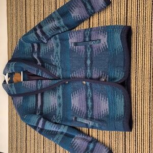 WOOLRICH Aztec Southwest Green Grey Wool Shawl Womens Medium Chore Coat VTG RARE
